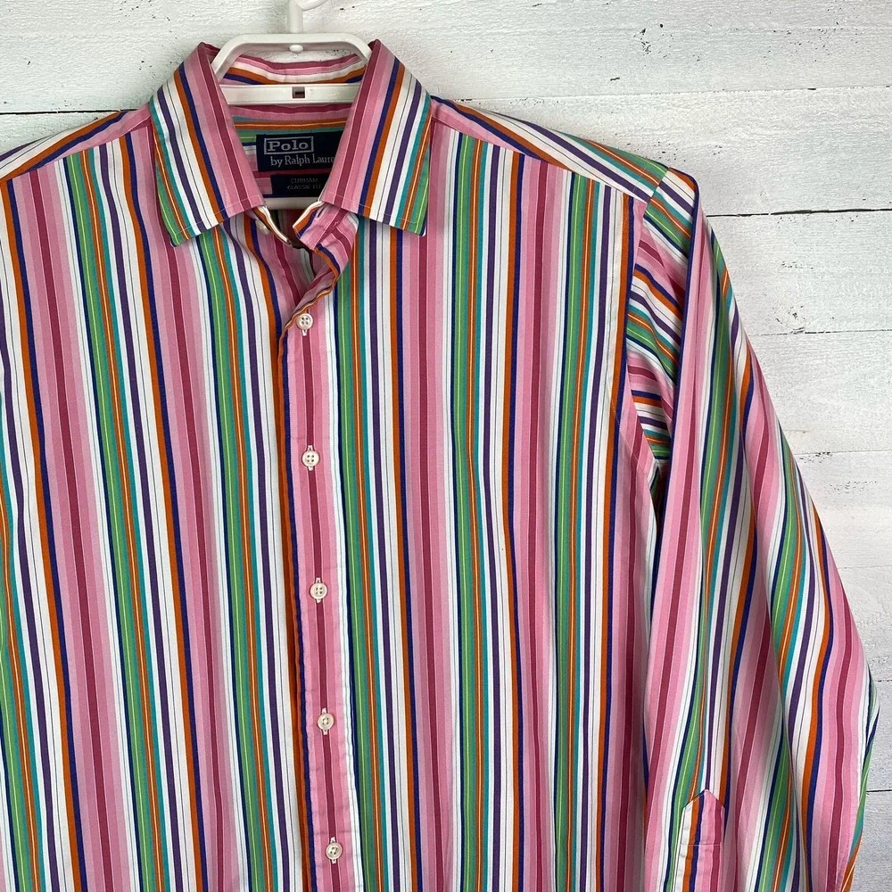 Polo Ralph Lauren Mens Shirt Medium L/S‎ Stripe CURHAM Classic Fit Button Front